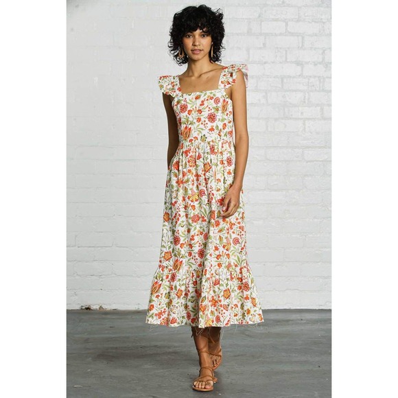 Anthropologie DRA Resa Moroccan Midi Dress Size S Small White Red Green Floral - Picture 1 of 13